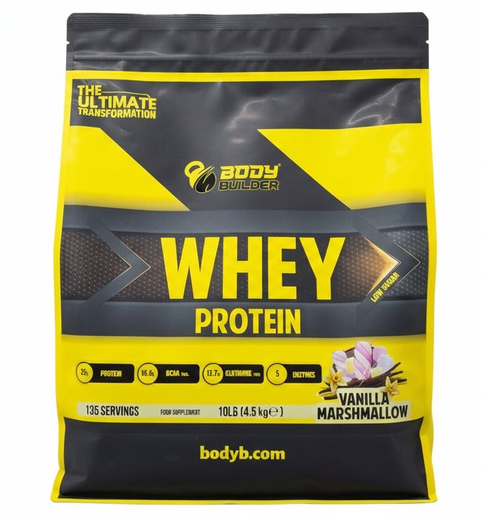 Whey Protein 10 LB, Vanilla Marshmallow – 25g Protein Per Scoop, BCAA, Glutamine, Digestive Enzymes, Low Sugar, Non-GMO
